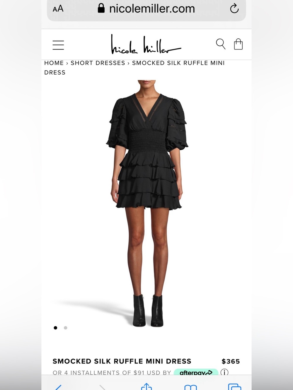 Nicole Miller Black V-Neck Smocked Ruffle Mini Dress size P/or small
